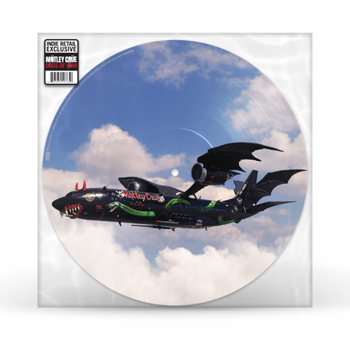 Vinyl record with a dragon-themed airplane design on a blue sky and cloud background
