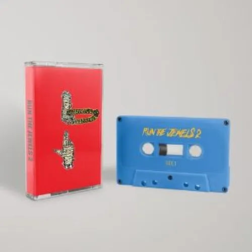 Two cassette tapes, one red and one blue, with decorative elements on a light gray background.