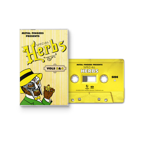 Yellow cassette tape with 'Special Herbs' design on a white background