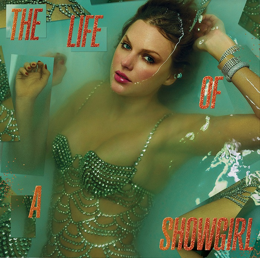 Album cover with a person in a sparkling outfit against a teal background, featuring text 'The Life of a Showgirl'.