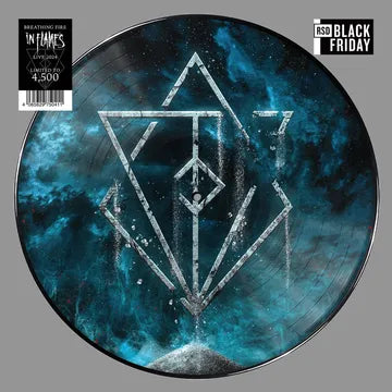 Vinyl record with a geometric design on a blue and black gradient background, featuring 'In Flames' branding.