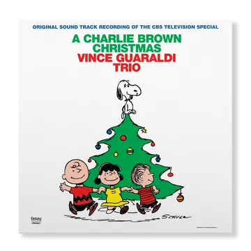 Album cover for 'A Charlie Brown Christmas' by Vince Guaraldi Trio featuring cartoon characters around a Christmas tree.