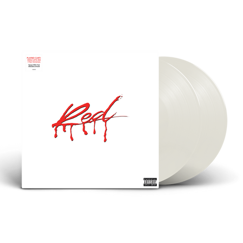 Vinyl record with 'Red' album cover featuring red text on a white background