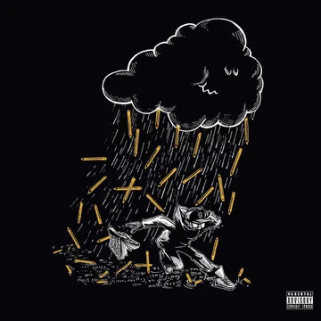 Album cover with a cloud raining on a person, black background