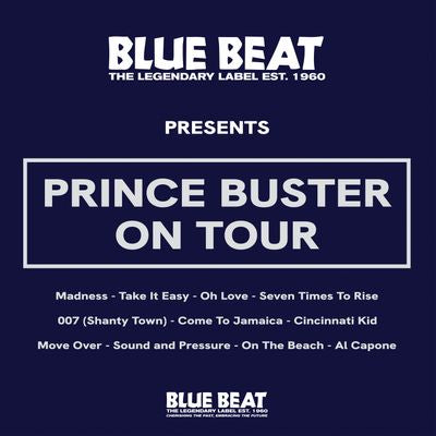 Promotional graphic for Prince Buster on tour featuring Blue Beat label branding.