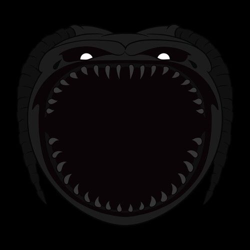 A stylized dark monster face with an open mouth, sharp teeth, and glowing white eyes on a black background.