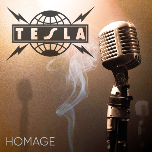 Vintage microphone with Tesla logo and 'Homage' text on a warm-toned background