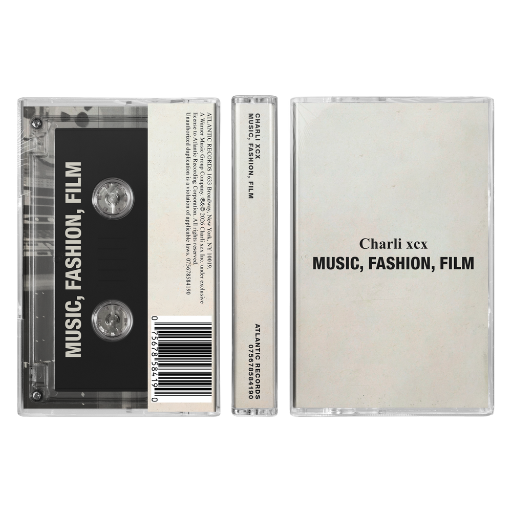 Cassette tape with 'Music, Fashion, Film' text on a white background