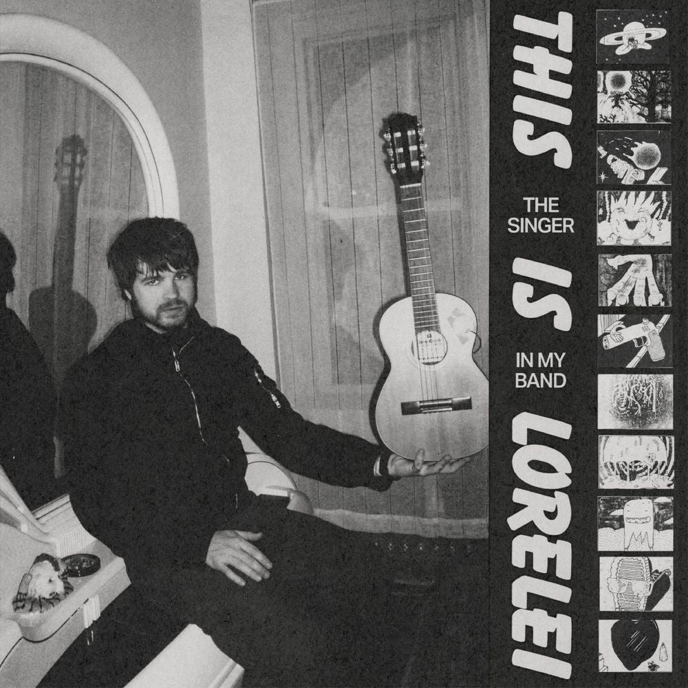 Person holding a guitar in a room with album cover text 'This is the singer in my band Lorelei'.