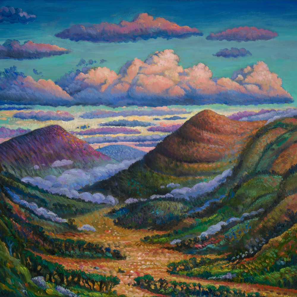 A colorful landscape painting of a mountain valley with rolling hills, a winding path, and dramatic pink and purple clouds against a teal sky.