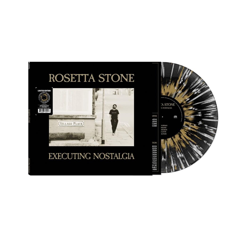 Rosetta Stone 'Executing Nostalgia' vinyl record album with the black outer jacket and a black-and-gold marbled record partially visible, shown on a plain white background.