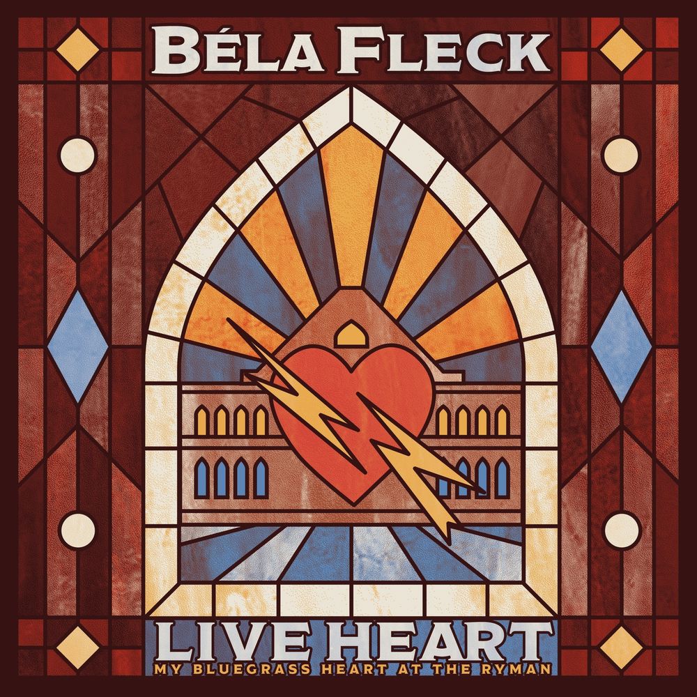 Album cover art for Béla Fleck's 'Live Heart', featuring a stained-glass-style design with a red heart, lightning bolts, and a building under a sunburst in warm and cool tones.