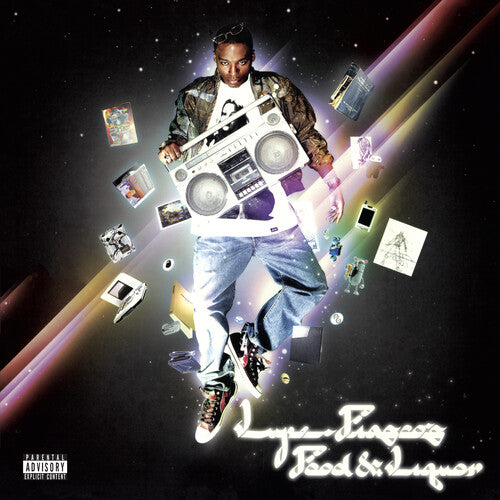 Album cover art for Lupe Fiasco's 'Food & Liquor 2LP' featuring an image of Lupe Fiasco with a boombox, surrounded by various cultural and musical references.