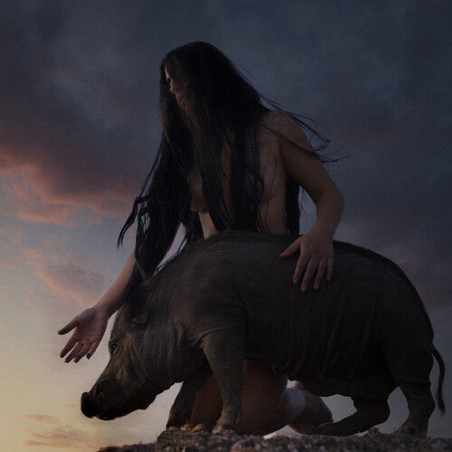 The image depicts a mannequin posed as a nude female figure riding a pig, set against a dramatic sky backdrop with clouds and a sunset. The figure appears to be made of a dark material and is positioned in a contemplative stance with her hands extended upwards.