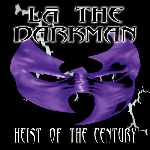 Album cover for LA The Darkman's 'Heist of the Century' featuring a stylized purple mask with lightning bolts, against a black background.