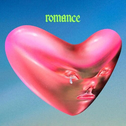 A vinyl record titled 'Romance' by Fontaines DC with a heart-shaped, pink-colored cover art.