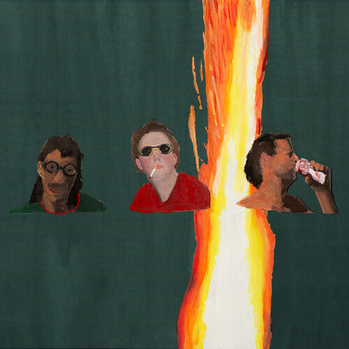 Album cover featuring three stylized, abstract portraits set against a fiery background, representing the music of MJ Lenderman - Manning Fireworks.