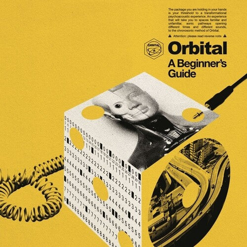 Album cover for Orbital - Beginner's Guide featuring a graphic design with a human-like face made of electronic components and a telephone on a yellow background, indicating a conceptual or artistic theme.