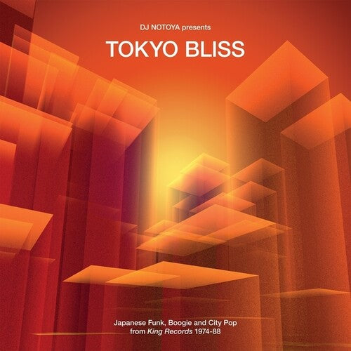 Album cover for Tokyo Bliss featuring abstract geometric shapes in orange and red tones, with text detailing the album name and description.