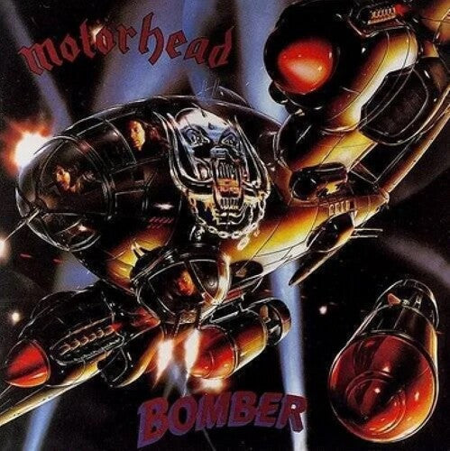 The product image features the album cover of 'Motorhead - Bomber LP' with a splatter vinyl edition. The cover art showcases a stylized, metallic character in a dynamic pose with flames and a title 'BOMBER' prominently displayed.
