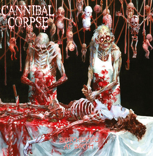 Album cover for 'Cannibal Corpse' featuring gory scenes with mutilated bodies and text.