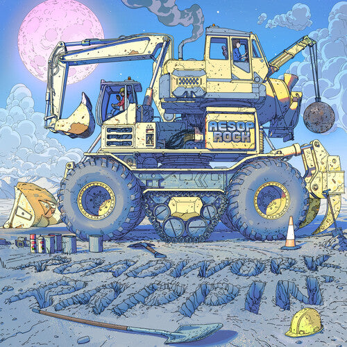 Illustration of a large excavator labeled 'Rescue Rock' in a snowy landscape with a pink moon.