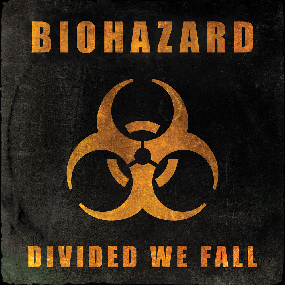 Biohazard symbol with 'Divided We Fall' text on a dark background