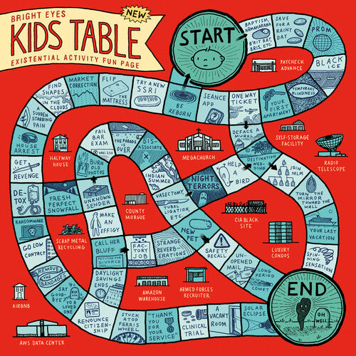 Children's game board with text and symbols on a red background