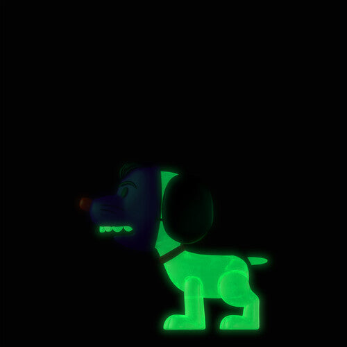 A glowing green and dark blue dog-shaped item, likely a wearable accessory or toy, shown in profile against a solid black background.