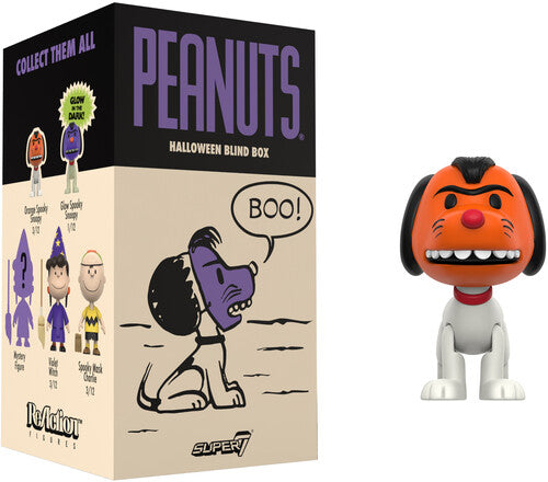 Peanuts Halloween Blind Box collectible figure set shown with its retail box and the figure itself on a plain white background. The box features large purple 'PEANUTS' text, character illustrations, and a cartoon dog with a 'BOO!' speech bubble.