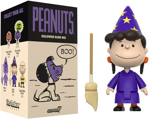 Peanuts Halloween blind box packaging with a figurine of a character in a purple outfit and wizard hat.