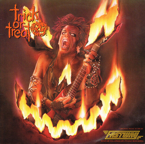 Album cover with a person playing guitar amidst flames, featuring the text 'Trick or Treat Fastway'.