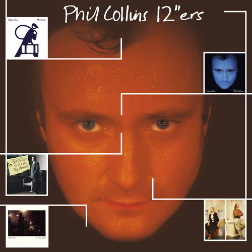 Album cover for 'Phil Collins 12"ers' with a close-up of a man's face and smaller images on a brown background.