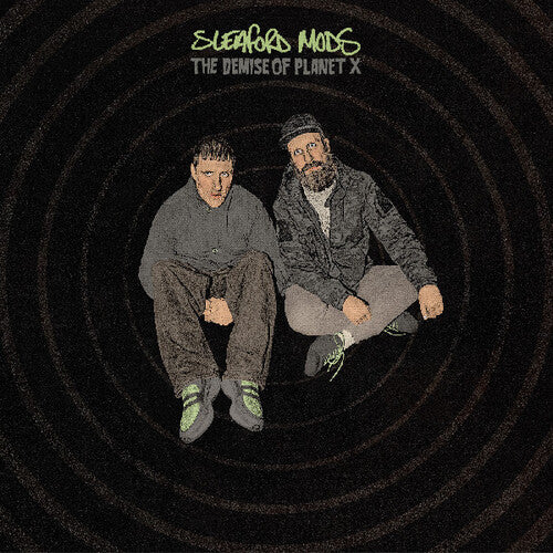 Album cover with two individuals sitting on a black spiral background, featuring the text 'Elephantsongs The Demise of Planet X'.