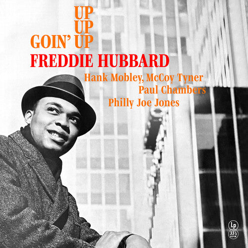 Album cover featuring a black and white portrait of a musician with text about the album 'Goin' Up Up' by Freddie Hubbard.