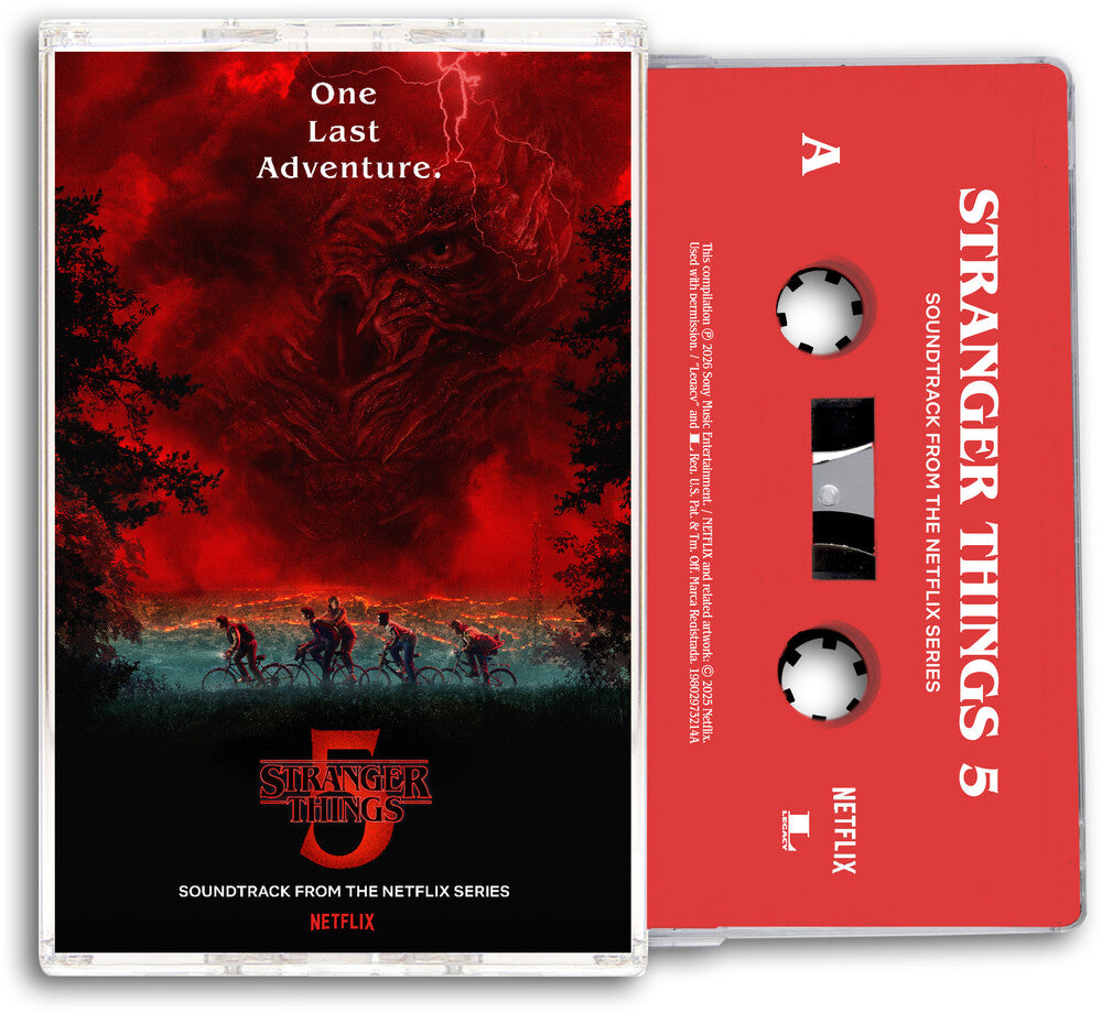 Stranger Things Season 5 soundtrack cassette tape and jewel case cover art, featuring a red tape with white text and dark cover art showing the characters and the monster.