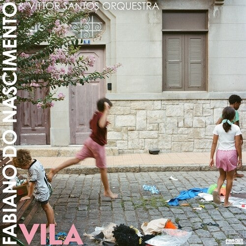 Album cover with children playing on a street in front of a building, featuring text 'Fabiano do Nascimento & Victor Santos Orquestra'.