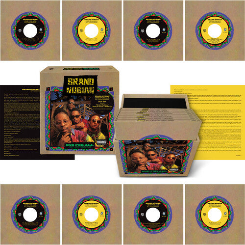 Vinyl record set with colorful labels and a box featuring a band's image on a beige background.