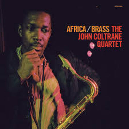 Album cover of 'Africa Brass' by The John Coltrane Quartet with a close-up of a man holding a saxophone.