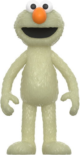 Green plush toy with an orange nose on a white background