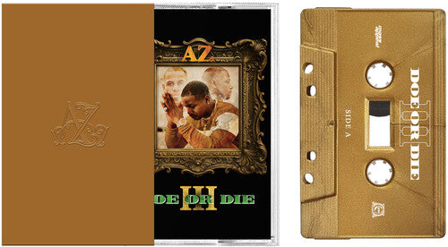 Gold cassette tape with a cover featuring an image of a man and text, on a white background.