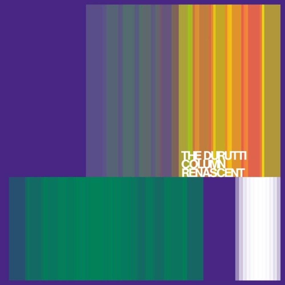 The Durutti Column Renascent album cover art featuring a geometric design with vertical stripes in purple, green, teal, yellow, orange, and red, alongside a white vertical stripe on the right and the band's name in white text.