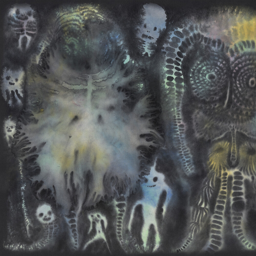 Abstract artwork with various shapes and colors on a dark background