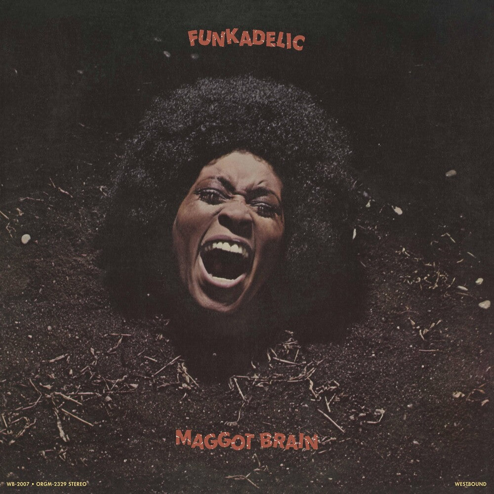 Album cover art for 'Funkadelic' by The Mamas & The Papas, featuring a screaming woman with an afro emerging from dark soil, with the band's name at the top and 'Maggot Brain' at the bottom in red text.