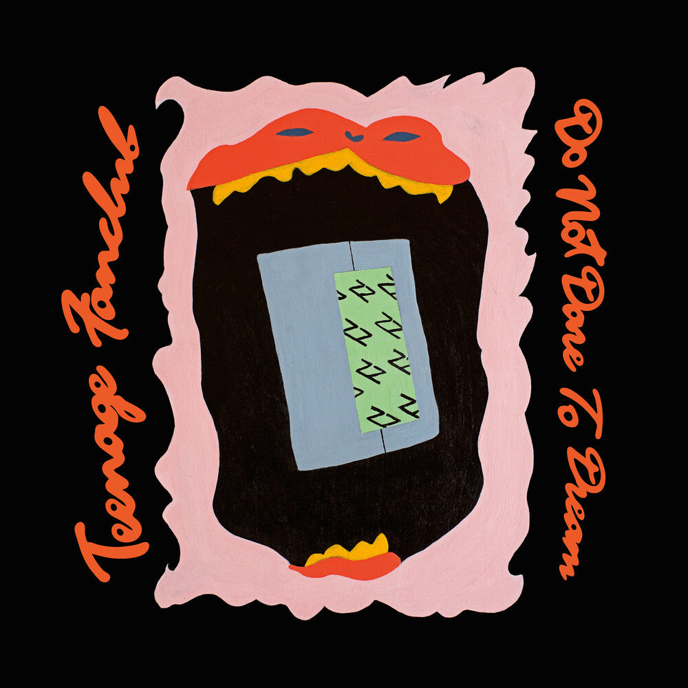 A stylized graphic on a black background featuring a pink wavy border around an open mouth with red-orange lips, yellow teeth, a blue-gray tongue, and a green patterned rectangular shape inside. Orange script text runs along the left and right sides.