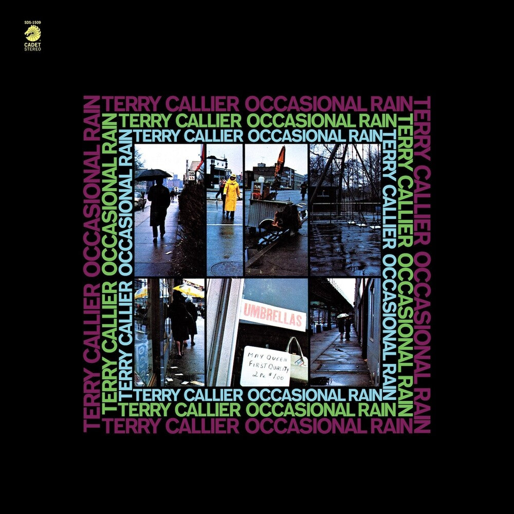 Album cover for Terry Callier's 'Occasional Rain' on a black background, featuring a central collage of six square street scenes with repeated title text in pink, green, and white.