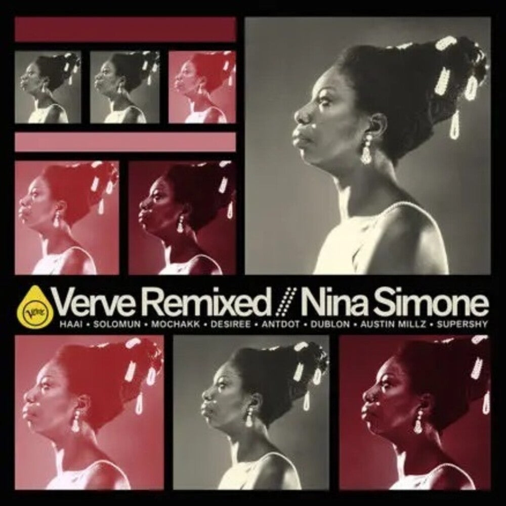 Album cover for 'Verve Remixed // Nina Simone' featuring multiple portrait panels of Nina Simone in black, white, and red color treatments, with the Verve logo and tracklist text on a black background.