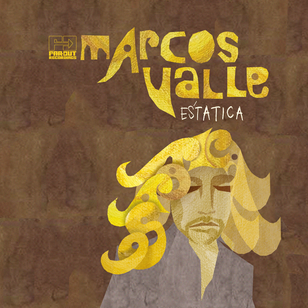 Album cover for 'Estática' by Marcos Valle, featuring a textured brown background with gold foil-style lettering and a stylized gold and gray illustration of a man's face with flowing hair.