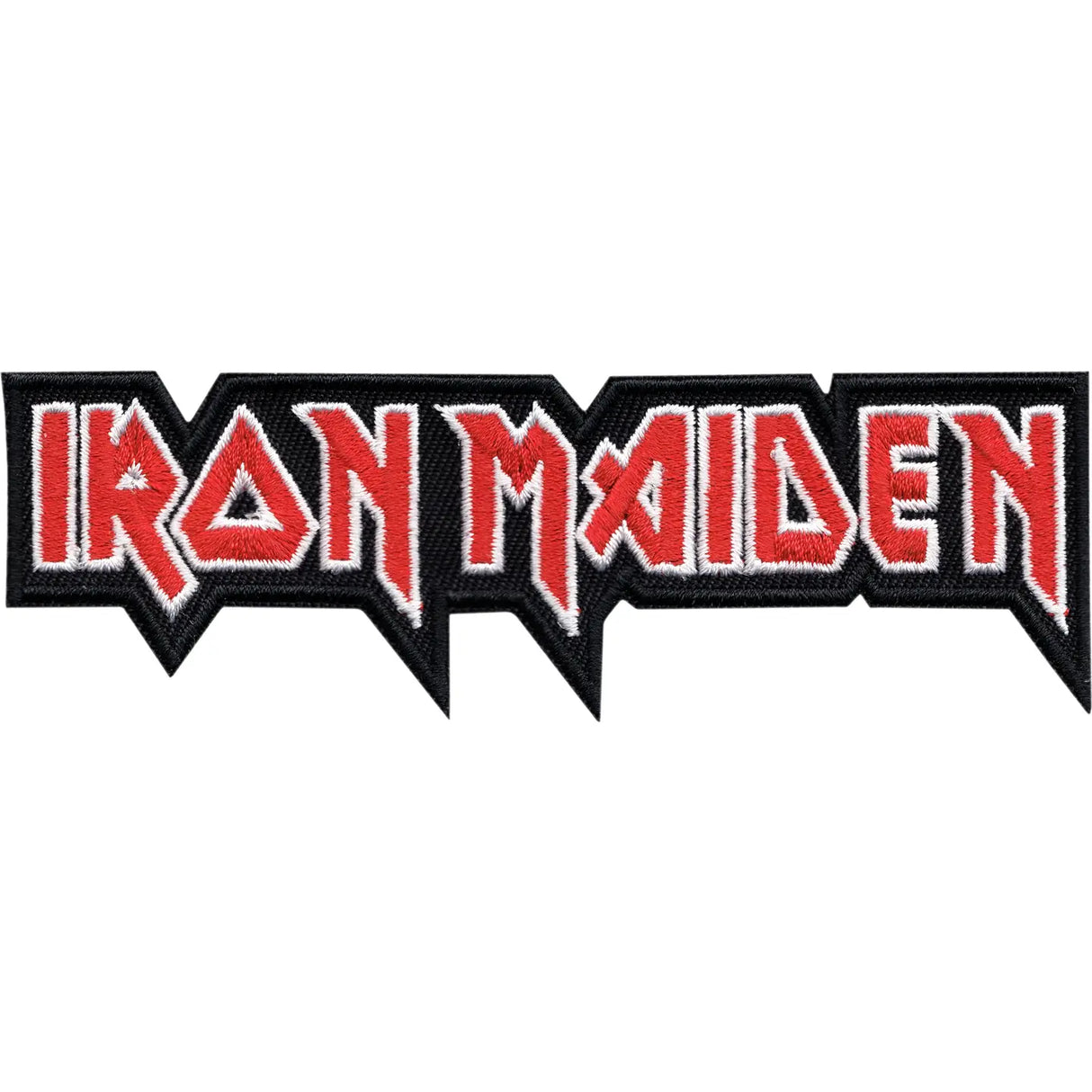 Iron Maiden embroidered patch featuring the band's logo in red with a white outline and a black jagged border, shown on a plain white background.
