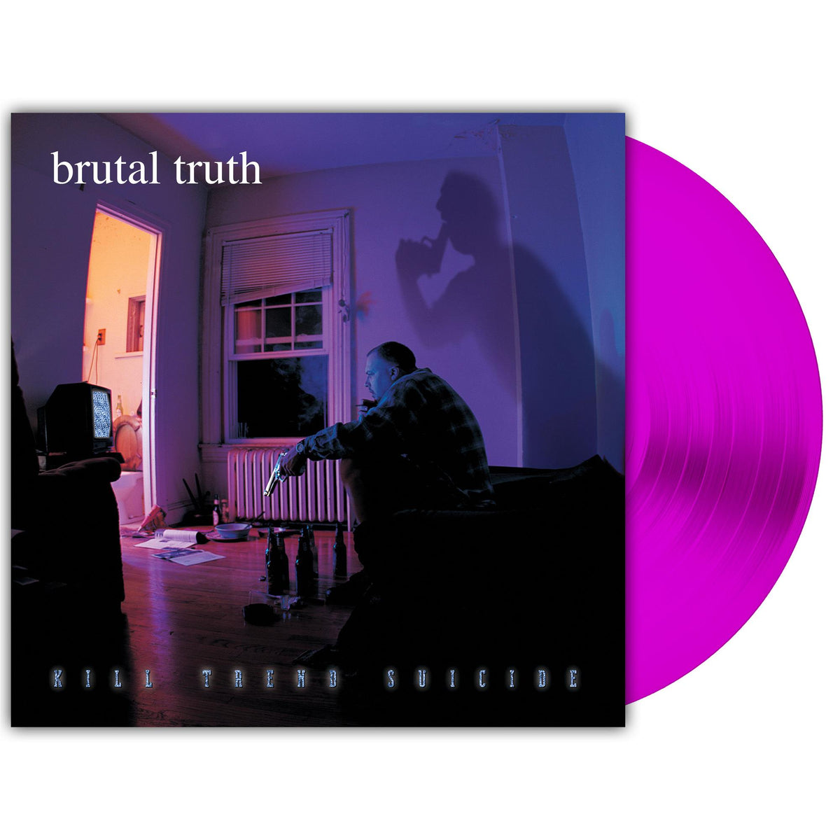 A vinyl record album cover for 'Kill Them Suicide' by the band 'brutal truth'. The square album cover features a dark, moody photograph of a man in a room with a window and a TV, with a bright pink translucent vinyl record partially visible behind it on a white background.